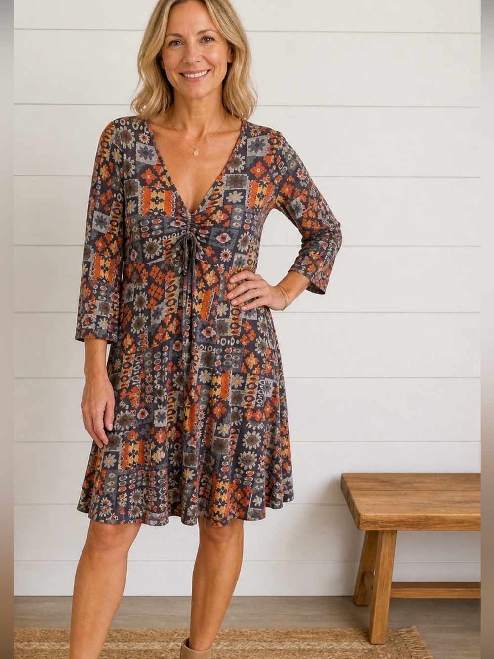 Nomads 12 100% cotton earth tone geometric lagonlook V neck midi dress boho